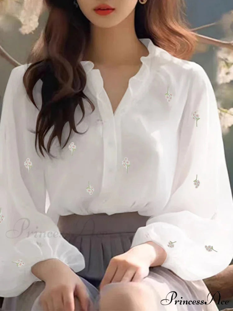 Flower Pattern Frilled Neck Blouse Informal Tunic