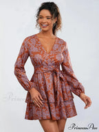 Flower Pattern Frills Tiered Mini Dress V-neck High Waist Flower Dress