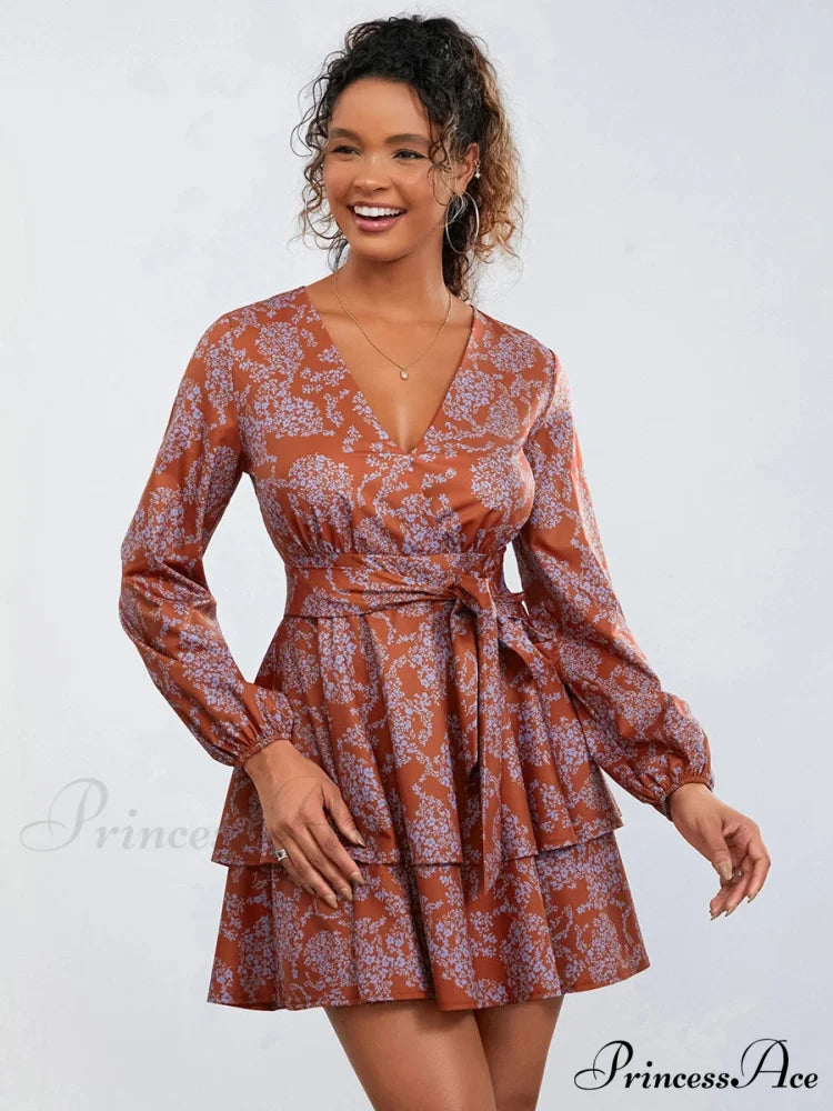 Flower Pattern Frills Tiered Mini Dress V-neck High Waist Flower Dress