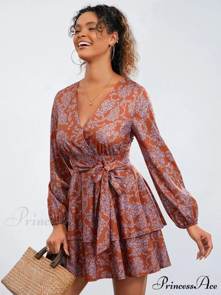 Flower Pattern Frills Tiered Mini Dress V-neck High Waist Flower Dress