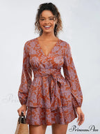 Flower Pattern Frills Tiered Mini Dress V-neck High Waist Flower Dress