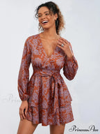 Flower Pattern Frills Tiered Mini Dress V-neck High Waist Flower Dress