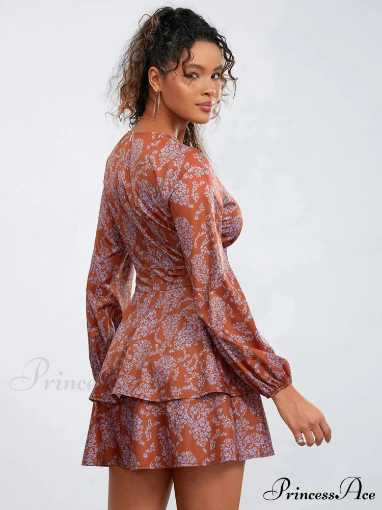 Flower Pattern Frills Tiered Mini Dress V-neck High Waist Flower Dress