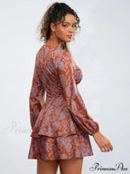 Flower Pattern Frills Tiered Mini Dress V-neck High Waist Flower Dress