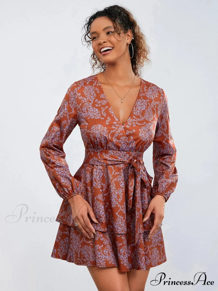 Flower Pattern Frills Tiered Mini Dress V-neck High Waist Flower Dress