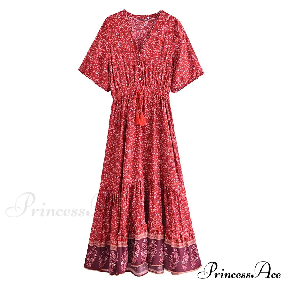 Flower Pattern Fringe V-neck Rayon Cotton Long Boho Dress