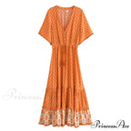 Flower Pattern Fringe V-neck Rayon Cotton Long Boho Dress