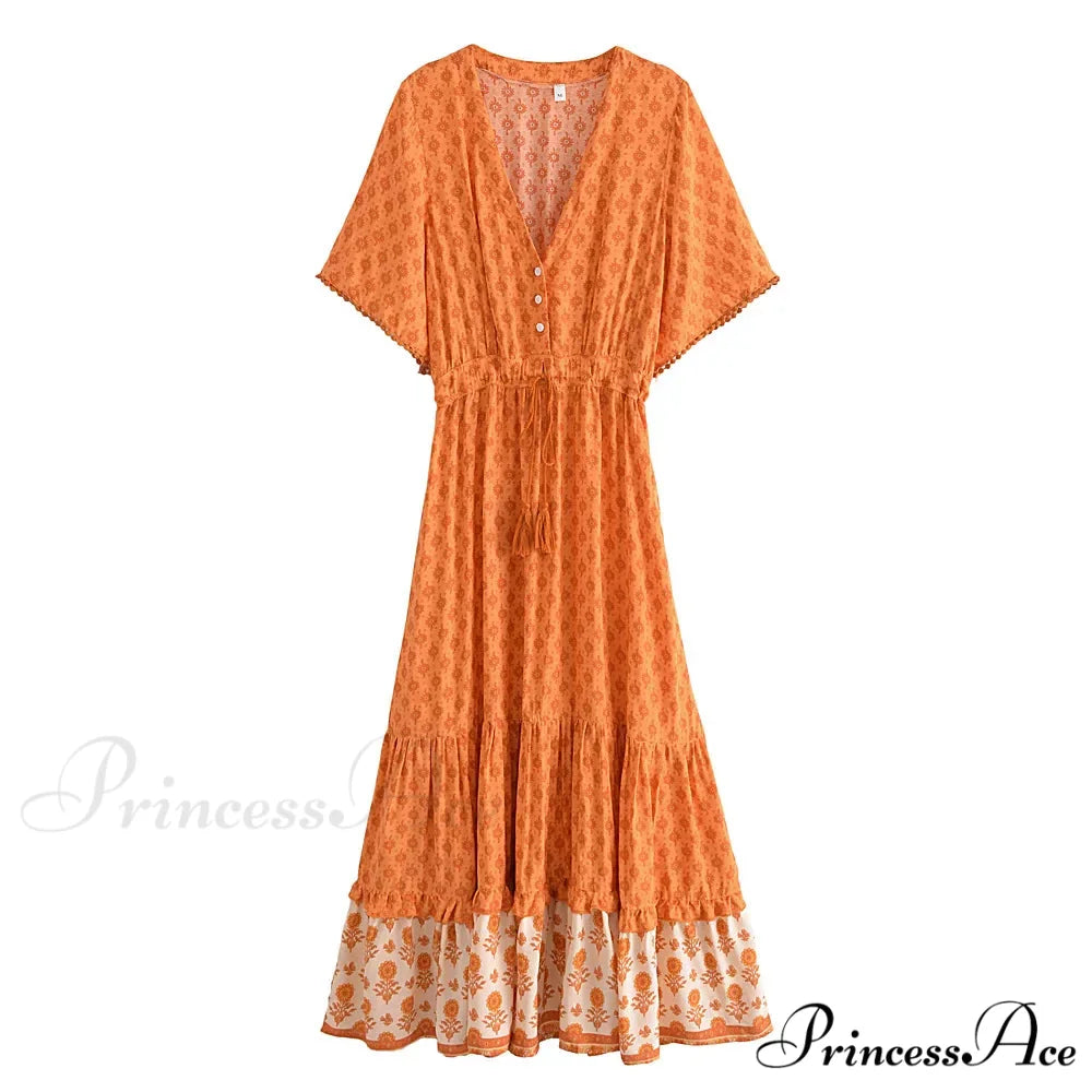 Flower Pattern Fringe V-neck Rayon Cotton Long Boho Dress
