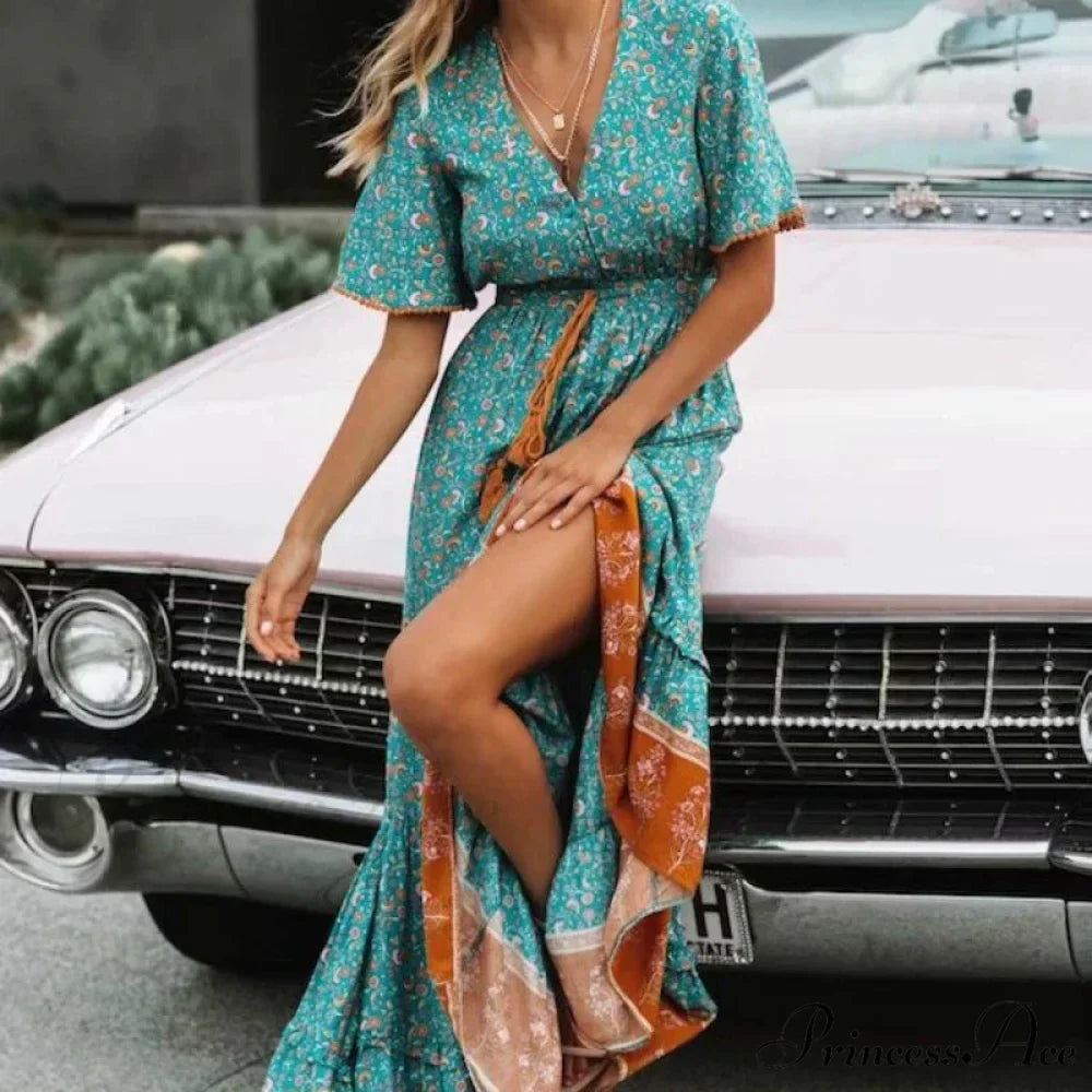 Flower Pattern Fringe V-neck Rayon Cotton Long Boho Dress