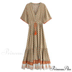 Flower Pattern Fringe V-neck Rayon Cotton Long Boho Dress