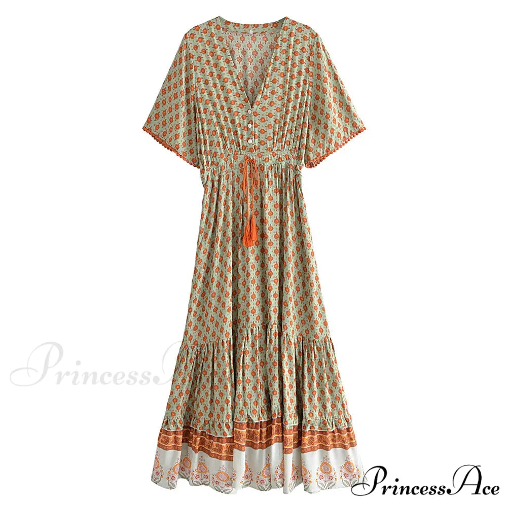 Flower Pattern Fringe V-neck Rayon Cotton Long Boho Dress