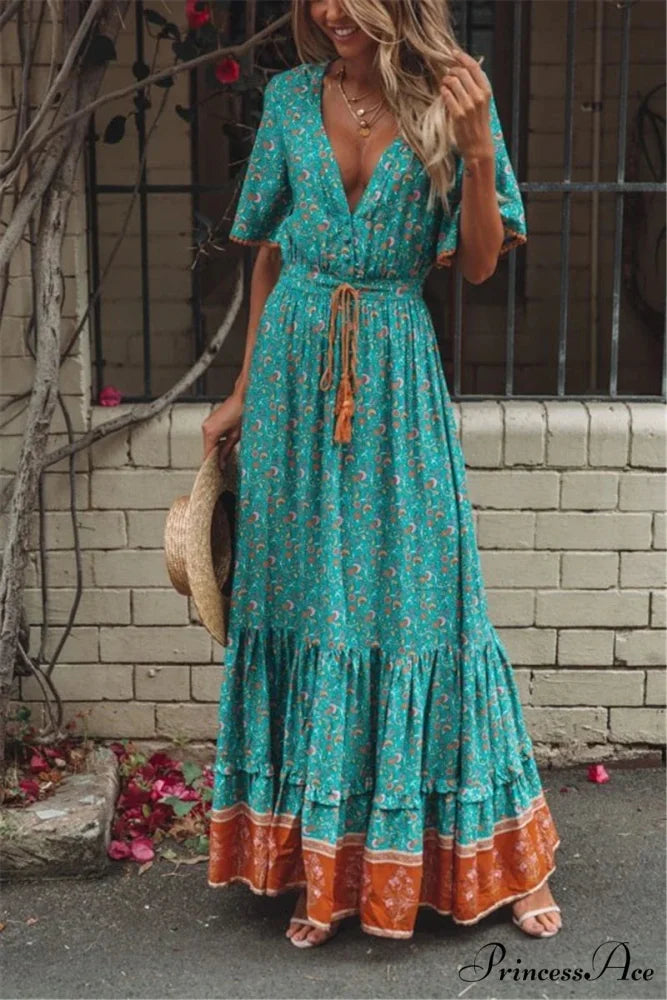 Flower Pattern Fringe V-neck Rayon Cotton Long Boho Dress