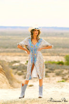 Flower Pattern Half Sleeve Baggy Belt V-neck Holiday Midi Boho Dress