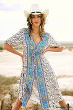 Flower Pattern Half Sleeve Baggy Belt V-neck Holiday Midi Boho Dress