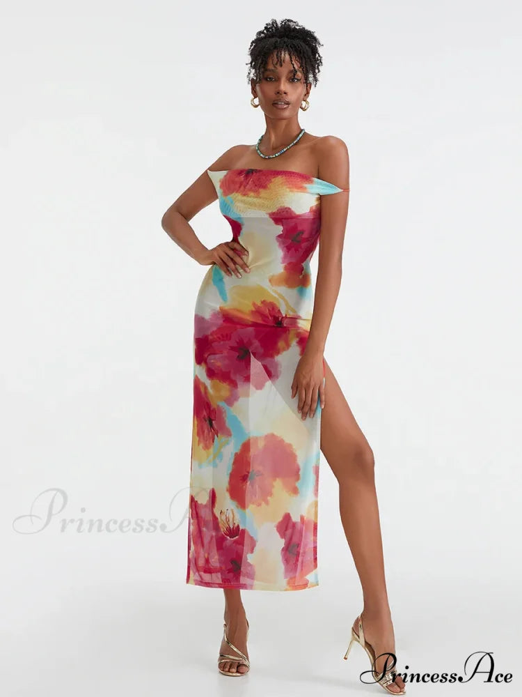 Flower Pattern High Separation Backless Off-Shoulder Tie-up Long Flower Dress