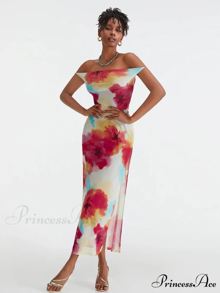 Flower Pattern High Separation Backless Off-Shoulder Tie-up Long Flower Dress