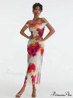 Flower Pattern High Separation Backless Off-Shoulder Tie-up Long Flower Dress