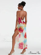 Flower Pattern High Separation Backless Off-Shoulder Tie-up Long Flower Dress