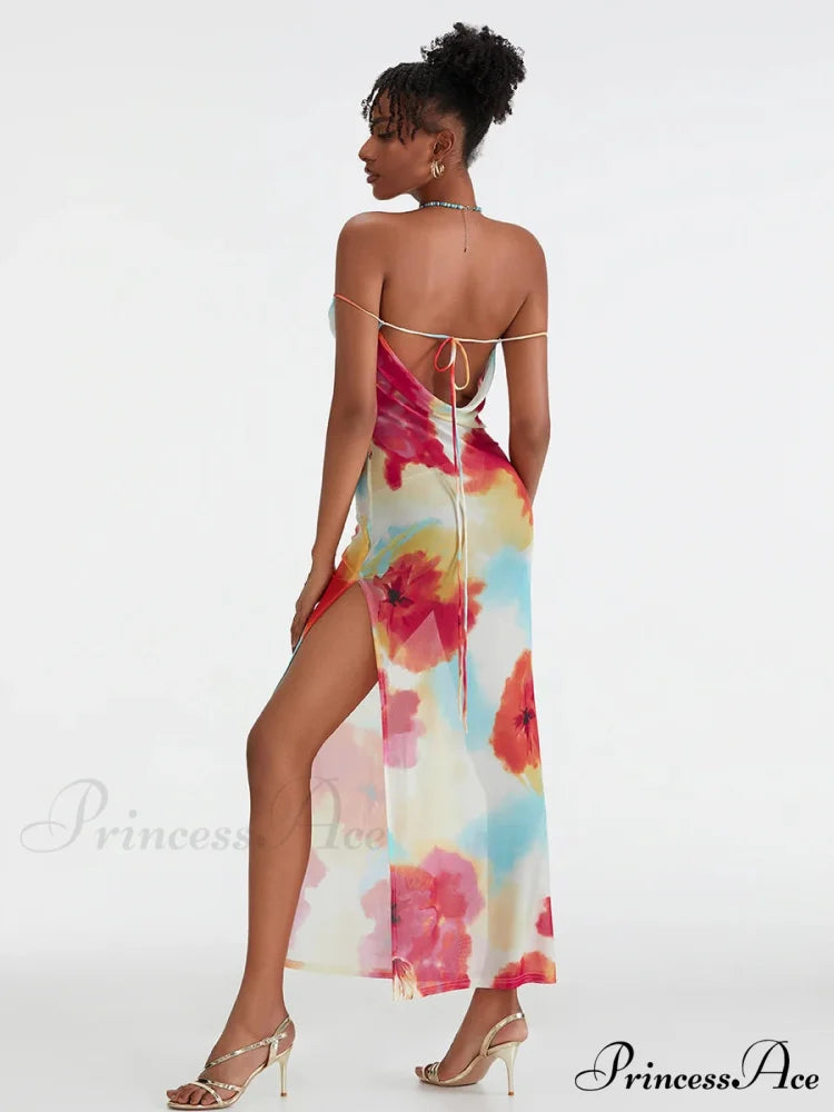 Flower Pattern High Separation Backless Off-Shoulder Tie-up Long Flower Dress