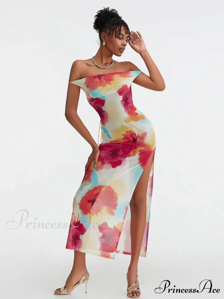 Flower Pattern High Separation Backless Off-Shoulder Tie-up Long Flower Dress