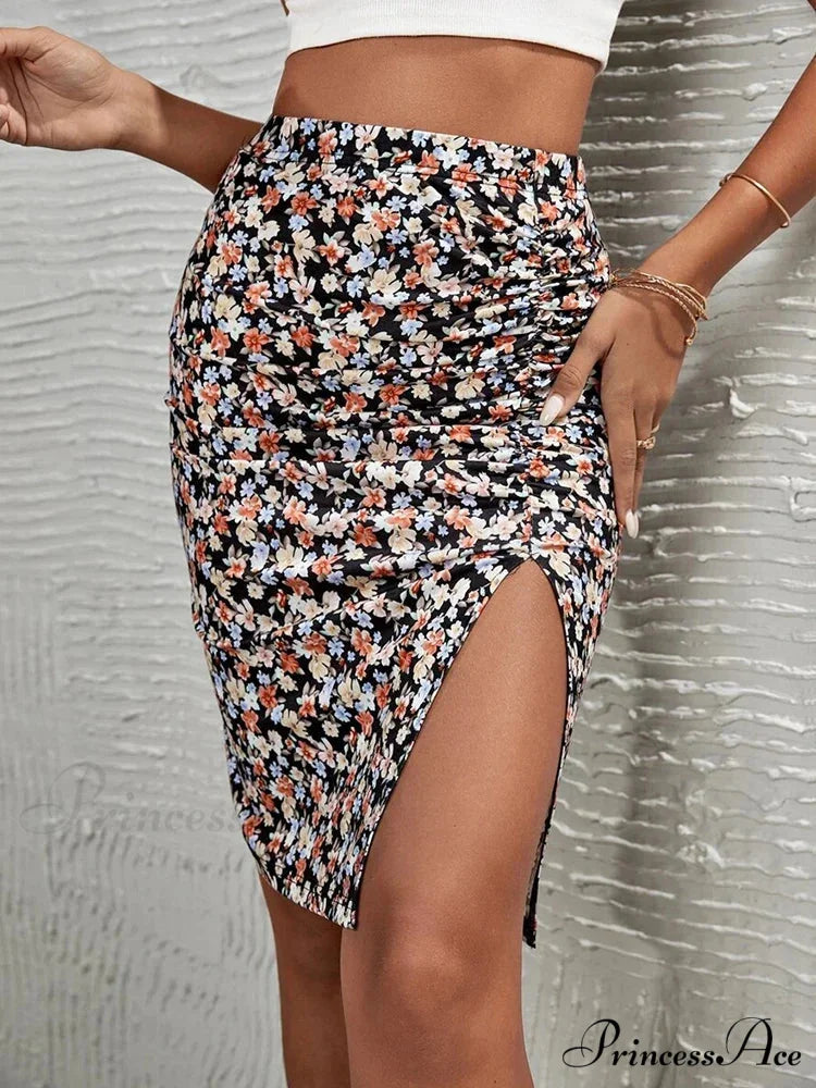 Flower Pattern High Waist Trim Fit Stylish Summer Skirt