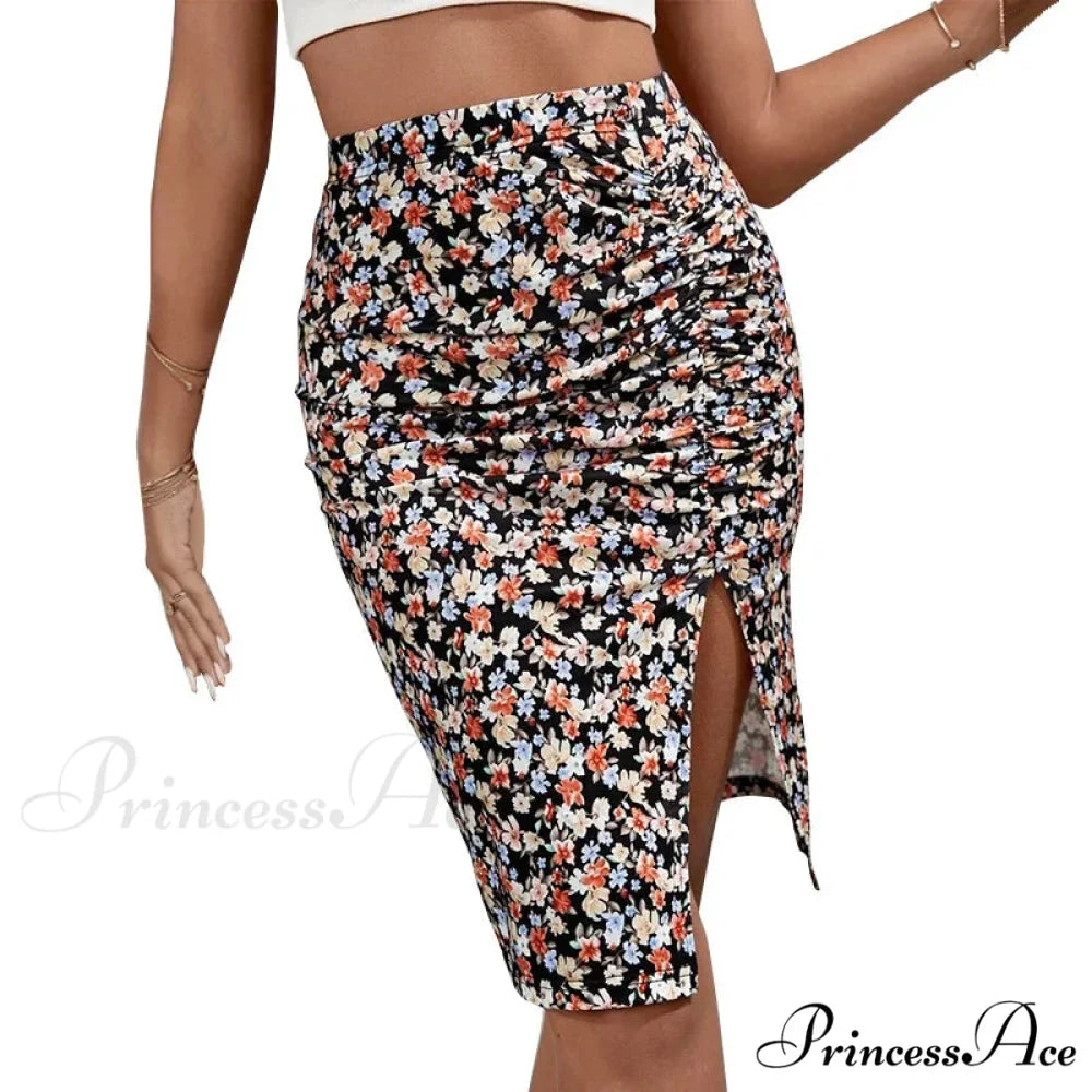 Flower Pattern High Waist Trim Fit Stylish Summer Skirt