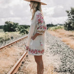 Flower Pattern Linen Cotton Mini V-neck Summer Boho Dress