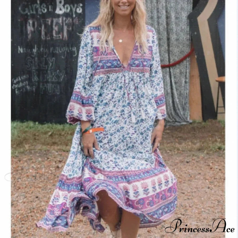 Flower Pattern Long Sleeve Fringe Loose V-neck Rayon Boho Midi Dress
