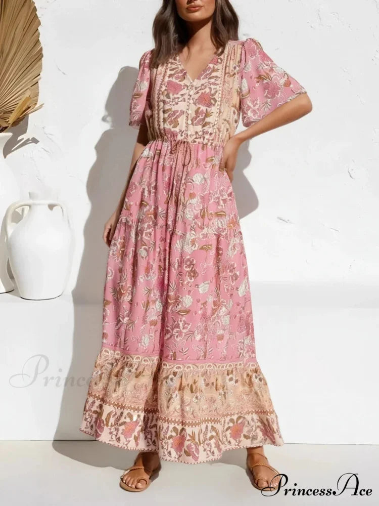 Flower Pattern Necktie Pleated Cotton Rayon Bohemian Dress