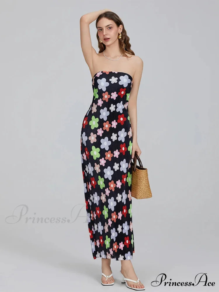 Flower Pattern Off-The-Shoulder Bandeau Pleated Tube Top Open-Back Celebration Dress