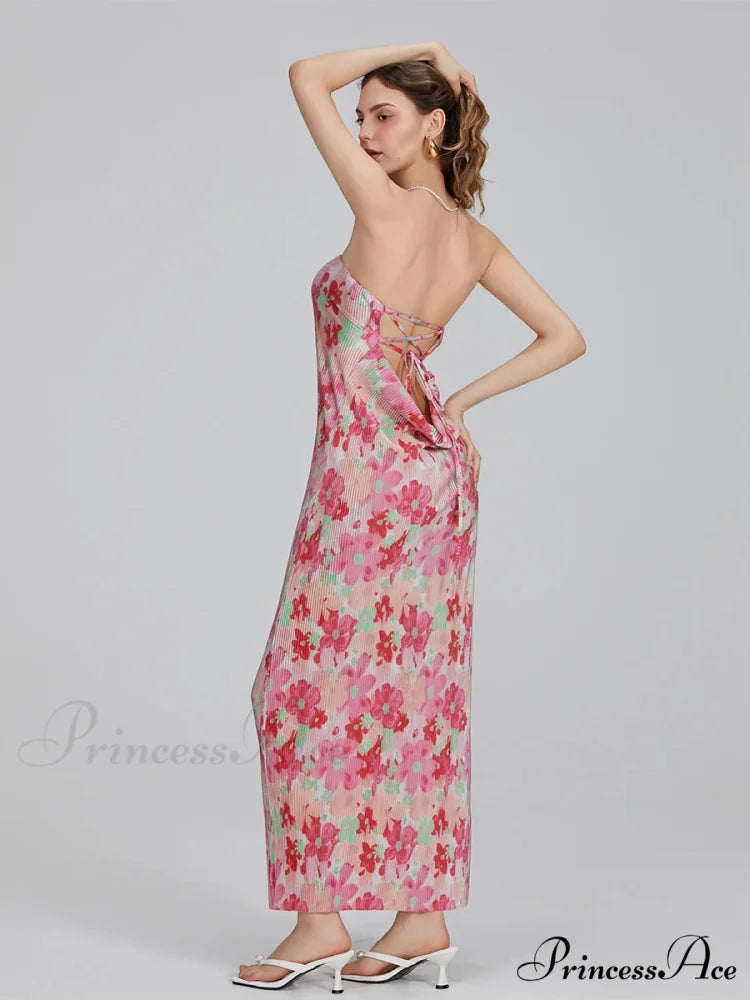 Flower Pattern Off-The-Shoulder Bandeau Pleated Tube Top Open-Back Celebration Dress