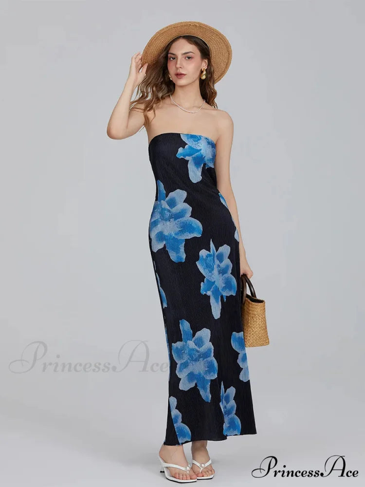 Flower Pattern Off-The-Shoulder Bandeau Pleated Tube Top Open-Back Celebration Dress