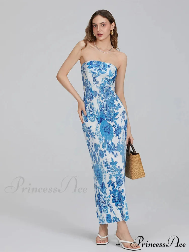 Flower Pattern Off-The-Shoulder Bandeau Pleated Tube Top Open-Back Celebration Dress