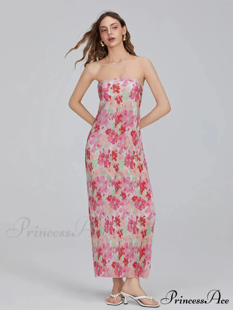 Flower Pattern Off-The-Shoulder Bandeau Pleated Tube Top Open-Back Celebration Dress