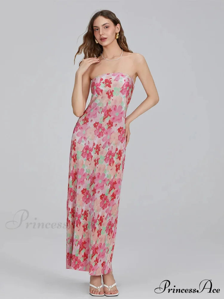 Flower Pattern Off-The-Shoulder Bandeau Pleated Tube Top Open-Back Celebration Dress