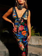 Flower Pattern Open-back Low-cut Body-hugging Full-length Flower Dress