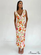 Flower Pattern Open-back Low-cut Body-hugging Full-length Flower Dress