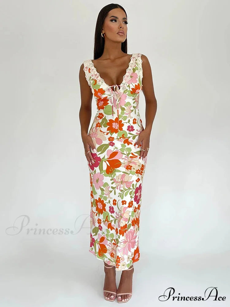Flower Pattern Open-back Low-cut Body-hugging Full-length Flower Dress