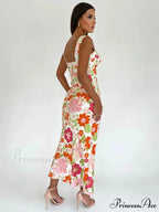 Flower Pattern Open-back Low-cut Body-hugging Full-length Flower Dress