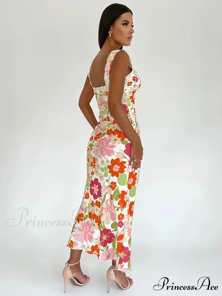 Flower Pattern Open-back Low-cut Body-hugging Full-length Flower Dress