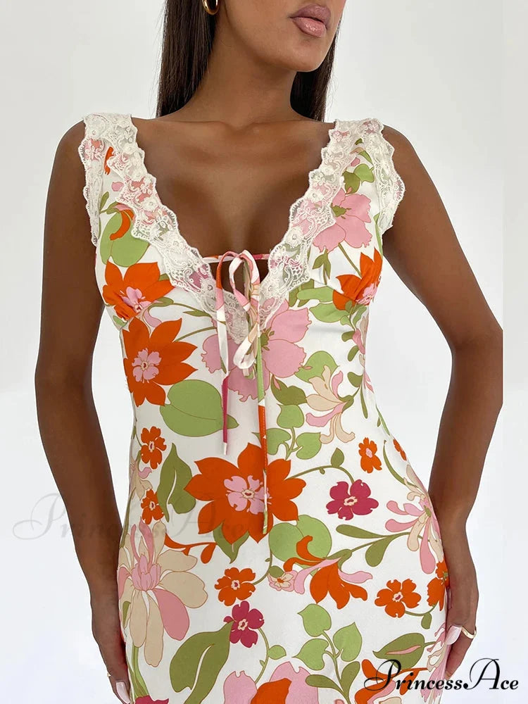 Flower Pattern Open-back Low-cut Body-hugging Full-length Flower Dress