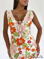 Flower Pattern Open-back Low-cut Body-hugging Full-length Flower Dress