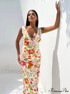 Flower Pattern Open-back Low-cut Body-hugging Full-length Flower Dress