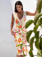 Flower Pattern Open-back Low-cut Body-hugging Full-length Flower Dress