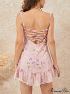 Flower Pattern Open-Back Short Celebration Sweetheart Neck Frilled Cocktail Beach Dress