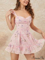 Flower Pattern Open-Back Short Celebration Sweetheart Neck Frilled Cocktail Beach Dress