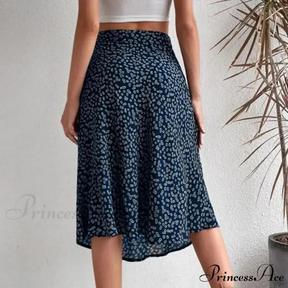 Flower Pattern Opening Flared High Rise Flowy Skirt