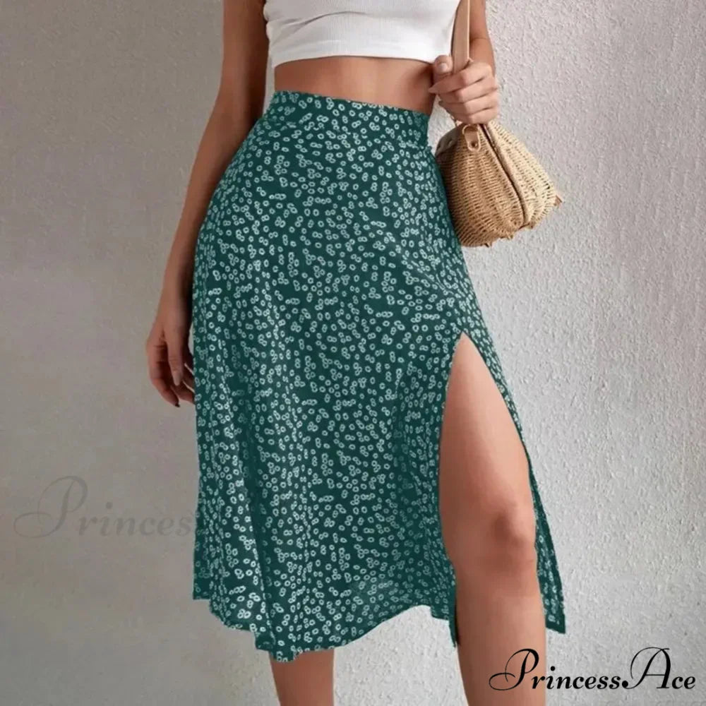 Flower Pattern Opening Flared High Rise Flowy Skirt
