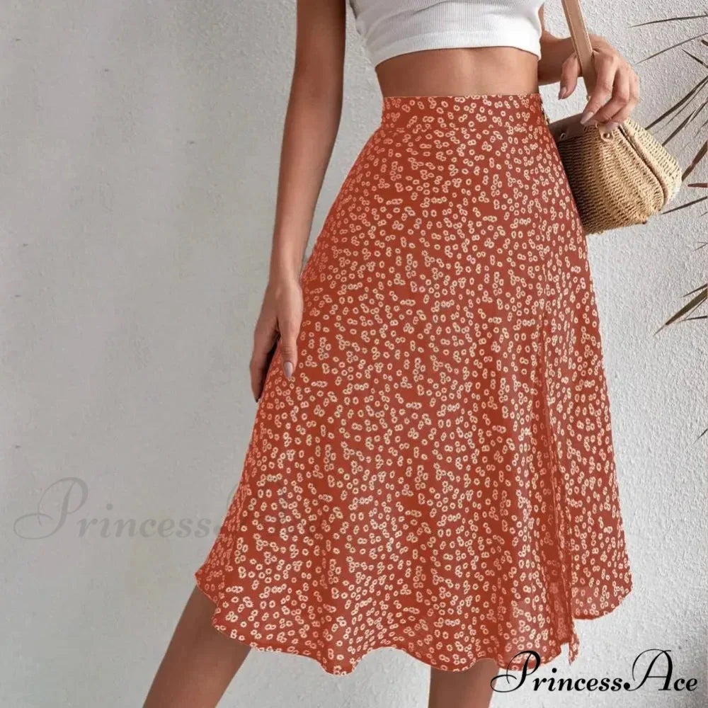 Flower Pattern Opening Flared High Rise Flowy Skirt
