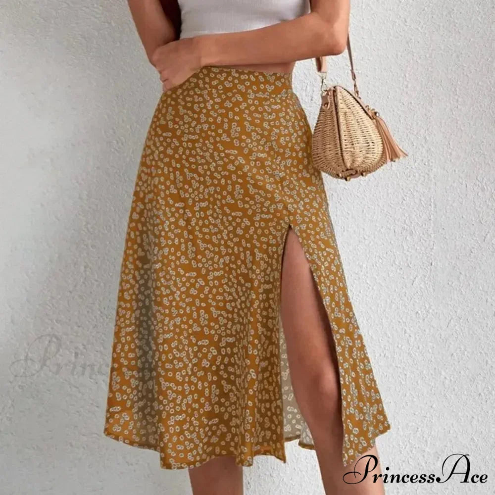 Flower Pattern Opening Flared High Rise Flowy Skirt